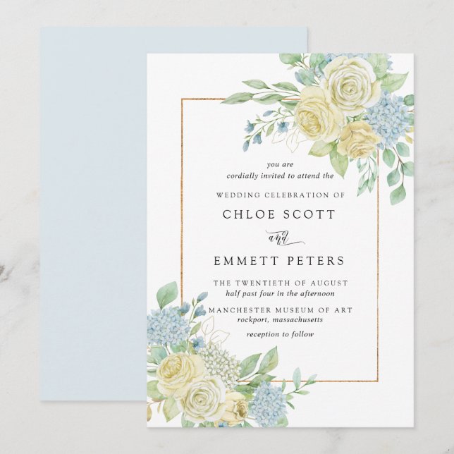 Rustic White Rose Blue Hydrangea Floral Wedding Invitation (Front/Back)