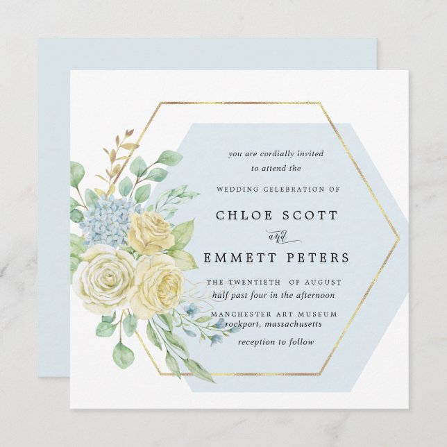 Rustic White Rose Blue Hydrangea Square Wedding Invitation (Front/Back)