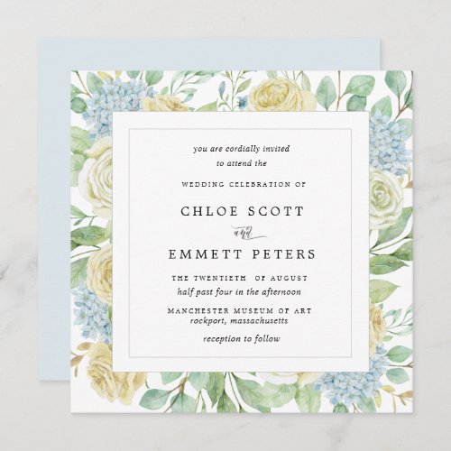 Rustic White Rose Blue Hydrangea Square Wedding Invitation