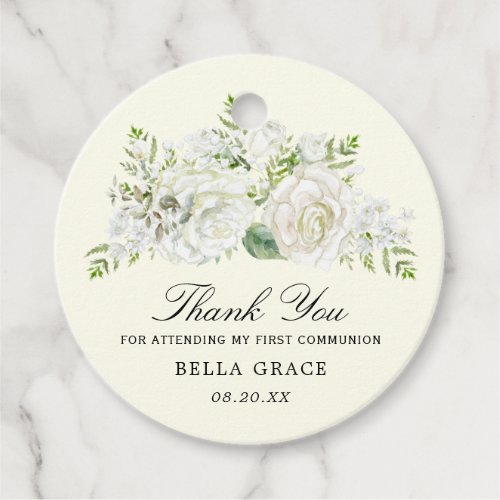 Rustic White Rose Floral First Communion Thank You Favor Tags