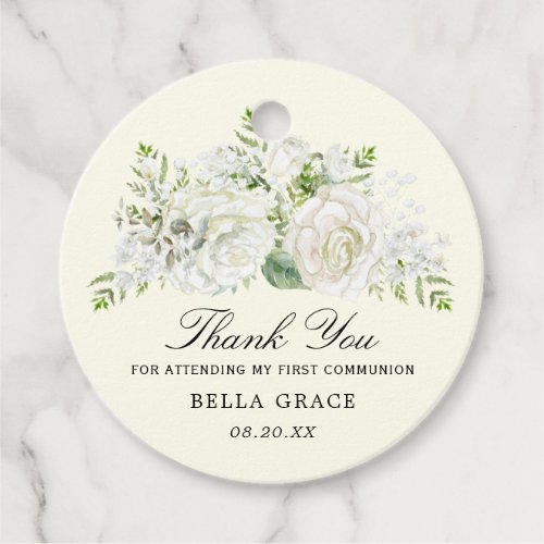 Rustic White Rose Floral First Communion Thank You Favor Tags
