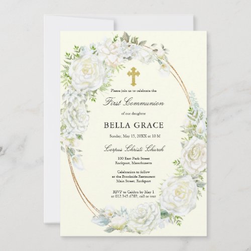 Rustic White Rose Floral First Holy Communion Invitation