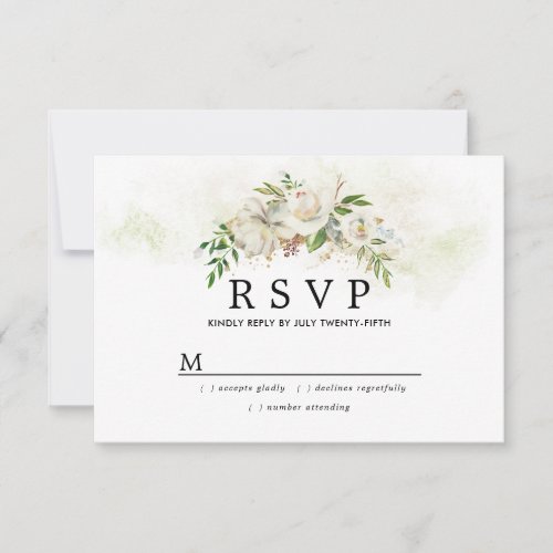 Rustic White Rose Floral Gold Wedding RSVP Card