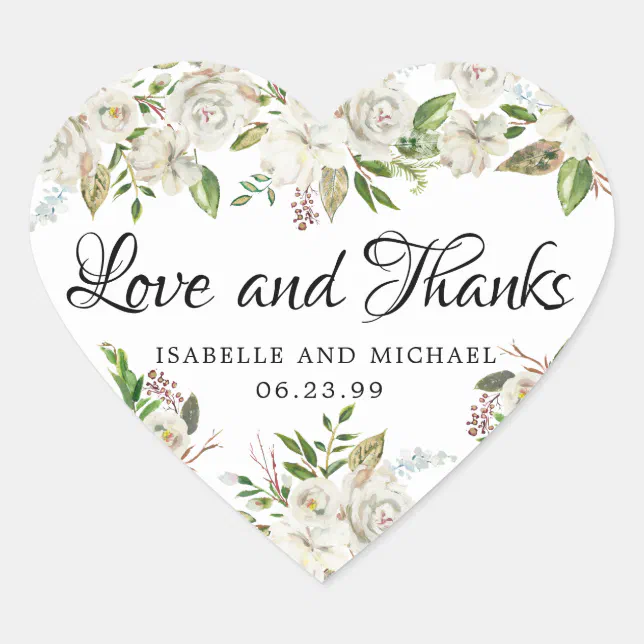 Rustic White Rose Floral Thank You Wedding Heart Sticker | Zazzle