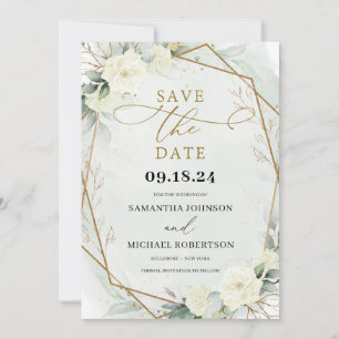 Rustic White Roses Eucalyptus Greenery Gold Save The Date