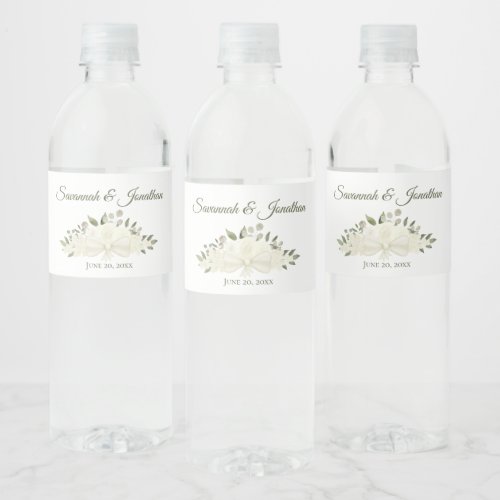 Rustic White Roses  Greenery Bouquet Wedding Water Bottle Label