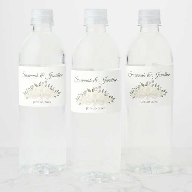 Rustic White Roses & Greenery Bouquet Wedding Water Bottle Label (Bottles)