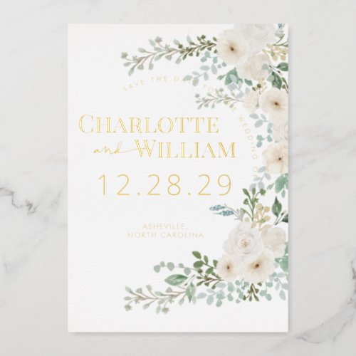 Rustic White Roses Greenery Modern Save The Date Foil Invitation