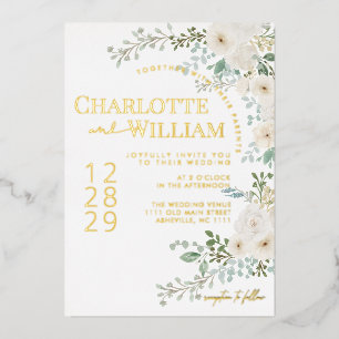 Rustic White Roses Greenery Modern Wedding Foil Invitation