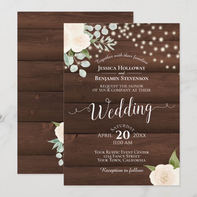 Rustic White Roses & Lights on Barn Wood Wedding Invitation (Front/Back)