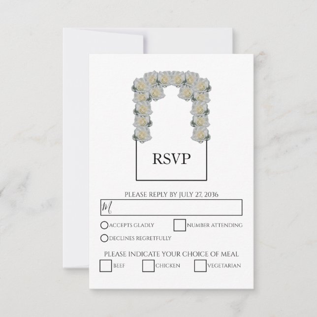 Rustic White Roses Meal Options Wedding RSVP Cards (Front)