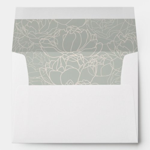 Rustic White & Sage Green Return Address Wedding Envelope - Designed to coordinate with our Romantic Script wedding collection, this customizable Invitation envelope with pre-printed return address, features a white envelope with black text and botanical line art pattern set on a sage green background on the inside. To make advanced changes, please select "Click to customize further" option under Personalize this template.