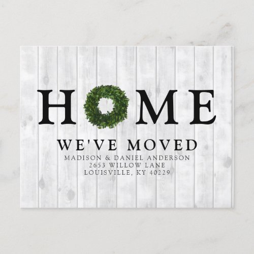 Rustic White Shiplap Wood Boxwood Wreath Home Announcement Postcard