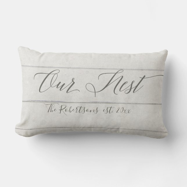 Rustic White Shiplap Wooden Our Nest Family Name Lumbar Pillow (Front)