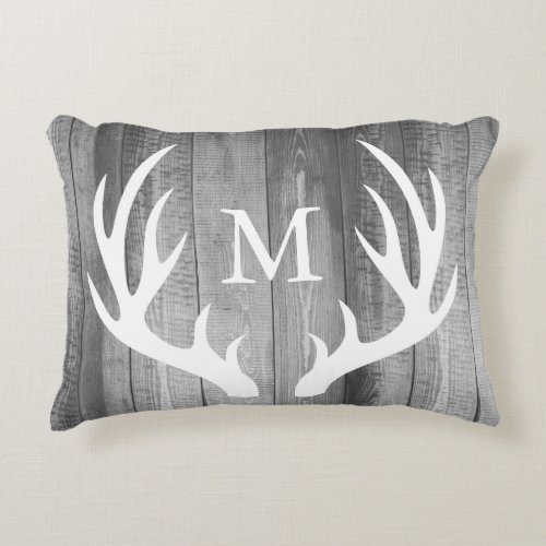Rustic White Silhouette Buck Antlers  Gray Wood Accent Pillow