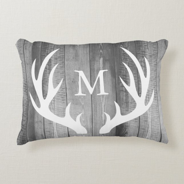 Rustic White Silhouette Buck Antlers & Gray Wood Accent Pillow (Front)
