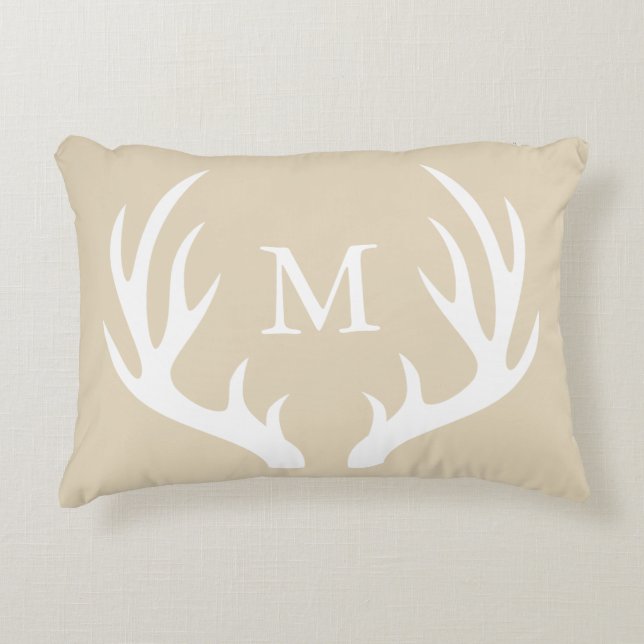 Rustic White Silhouette Buck Antlers & Taupe Accent Pillow (Front)