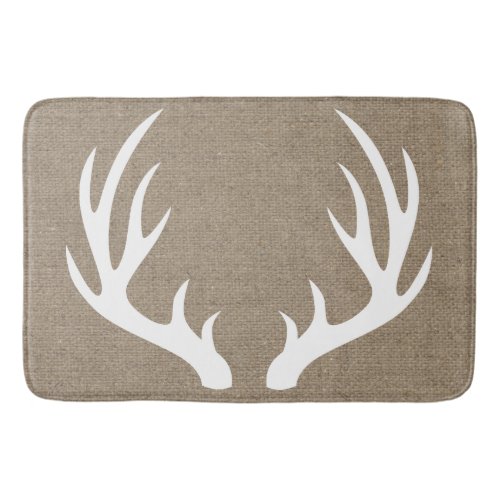 Rustic White Silhouetted Deer Antlers Faux Burlap Bath Mat