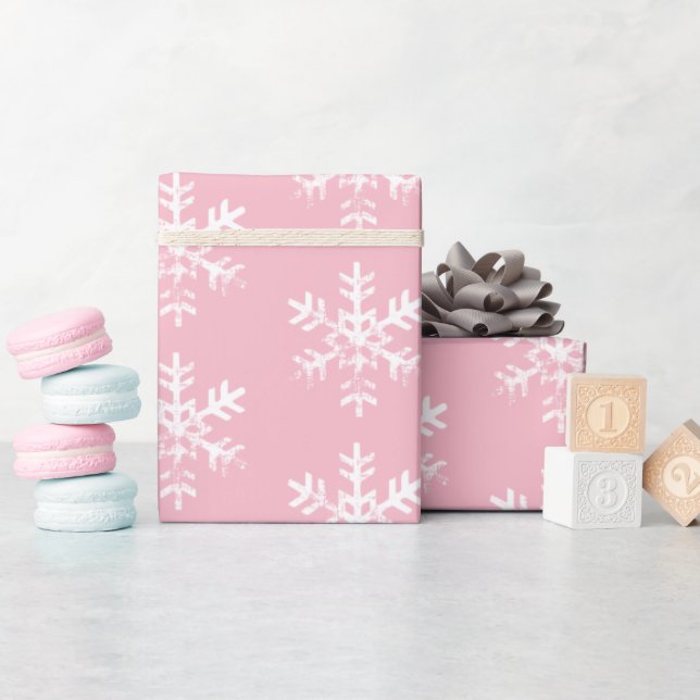 Rustic White Snowflakes Pink Wrapping Paper (Baby Shower)