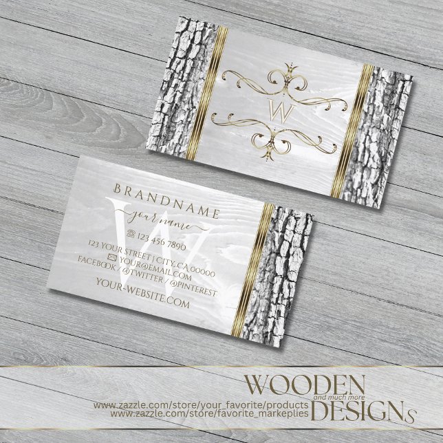 Rustic White Tree Bark Grain Gold Border Monogram Business Card (Creator Uploaded)