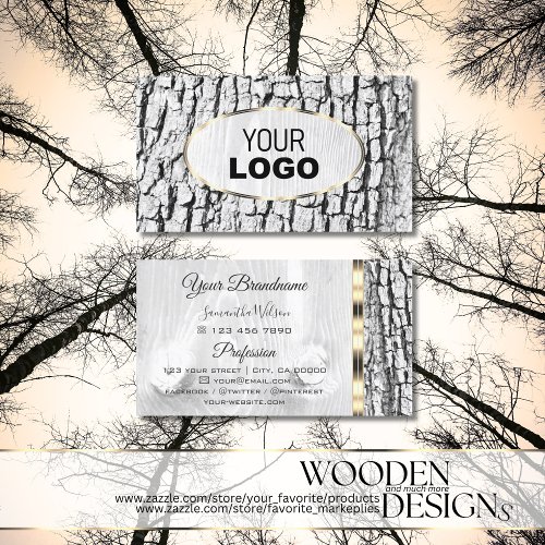 Rustic White Tree Bark Grain Oval Gold Border Logo Business Card