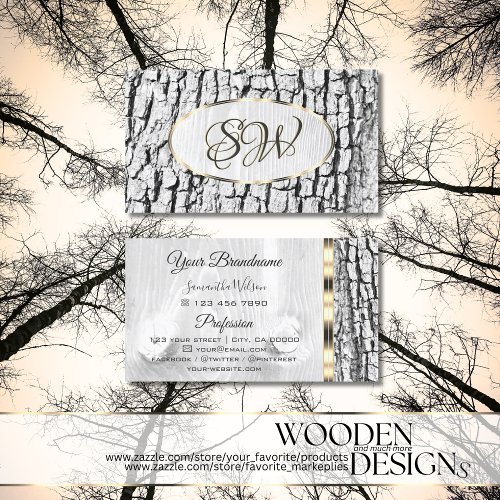 Rustic White Tree Bark Oval Gold Border Monogram Business Card