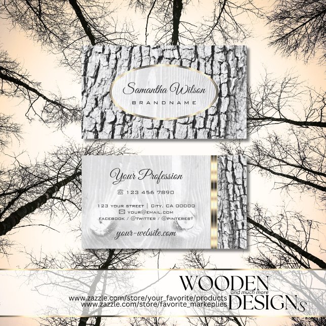 Rustic White Tree Bark Wood Grain Oval Gold Border Business Card (Creator Uploaded)