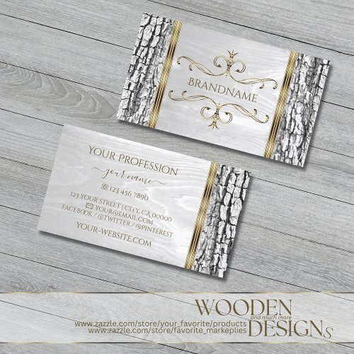 Rustic White Tree Bark Wood Grain with Gold Border Business Card