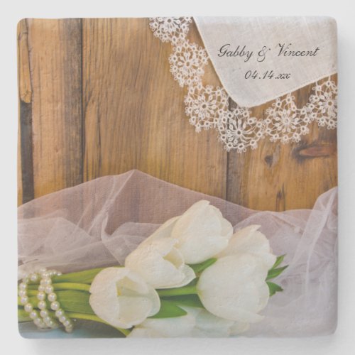 Rustic White Tulips Country Barn Wedding Stone Coaster