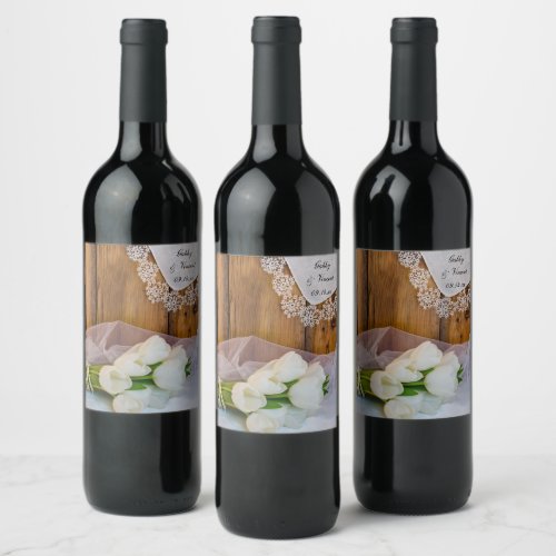 Rustic White Tulips Country Wedding Wine Label