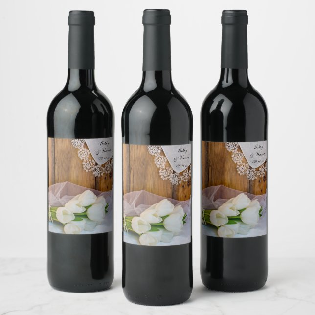Rustic White Tulips Country Wedding Wine Label (Bottles)