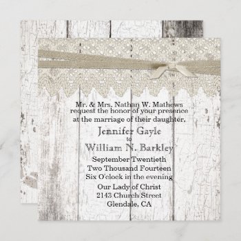 Rustic White Washed Wood And Lace Wedding Invitation by Myweddingday at Zazzle
