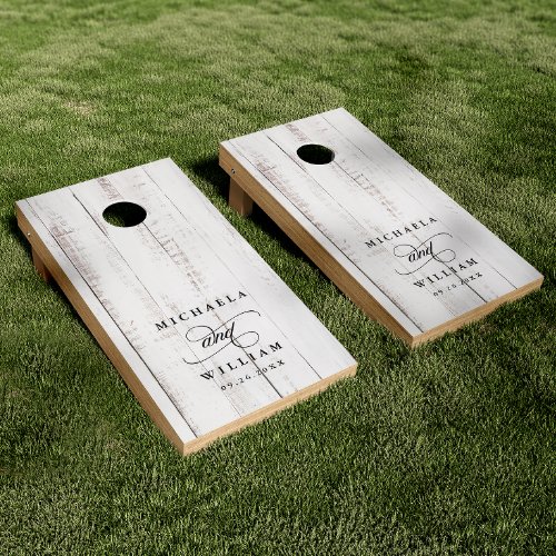 Rustic White Washed Wood Couples Names Wedding Cornhole Set