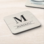 Rustic White Washed Wood Custom Monogram Initial Beverage Coaster<br><div class="desc">This simply elegant custom monogrammed beverage coaster set features classic black monogram text that can be personalized with a last name initial and last name. A beautiful keepsake gift for a newlywed couple, family, or new homeowners. A white washed faux wood grain background adds a rustic textured look to the...</div>