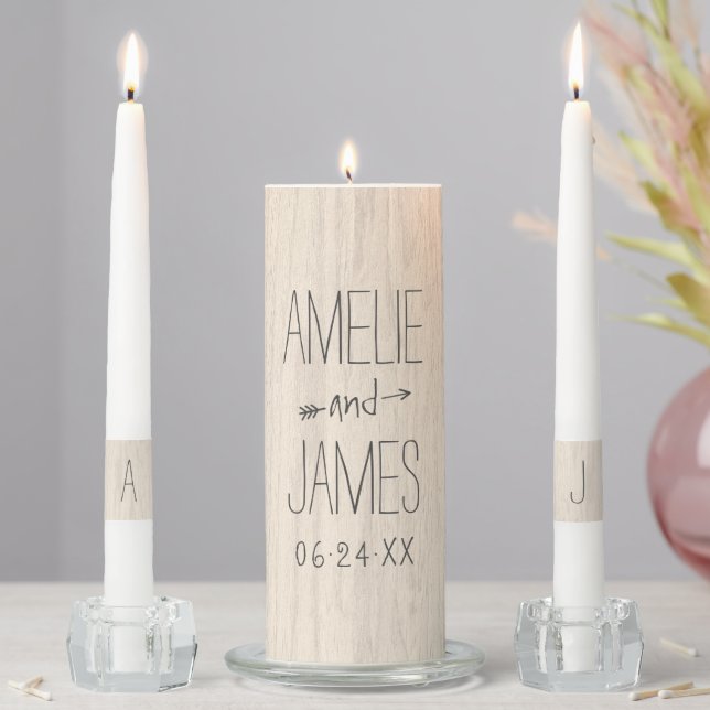 Rustic White Washed Wood Grain Wedding Monogram Unity Candle Set (In Situ)