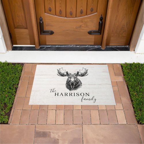 Rustic White Washed Wood Moose Family Name Doormat