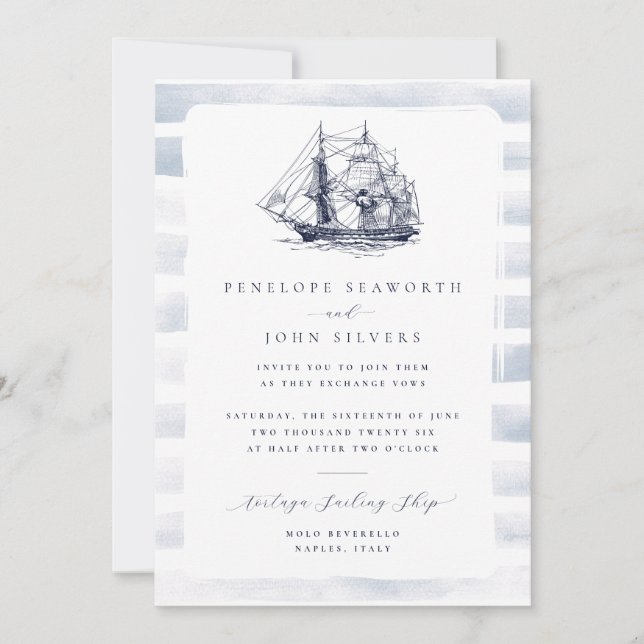 Rustic White Watercolor Nautical Ship Wedding Invitation (Front)
