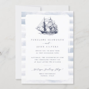 Rustic White Watercolor Nautical Ship Wedding Invitation