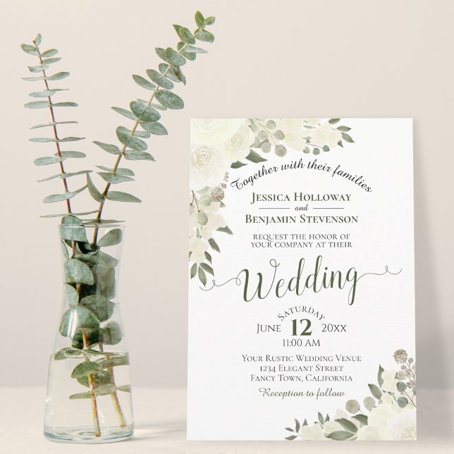 Rustic White Watercolor Roses Elegant Wedding Invitation (Creator Uploaded)