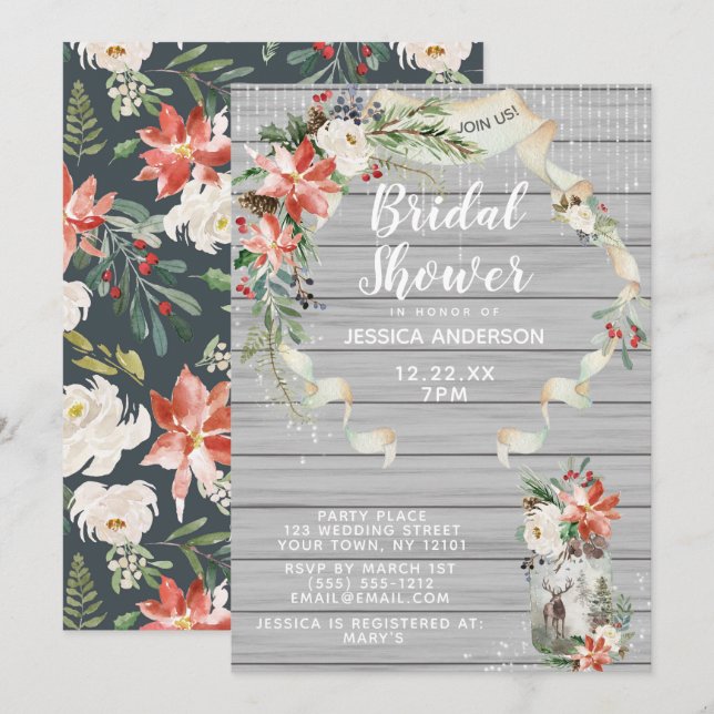 Rustic White Winter Forest Floral Bridal Shower Invitation (Front/Back)