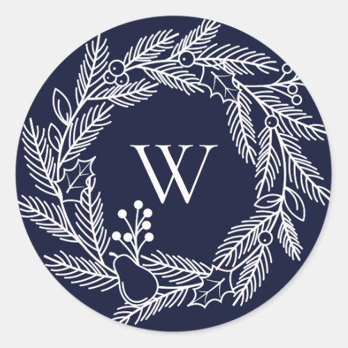 Rustic White Winter Wreath Monogram Blue Classic Round Sticker