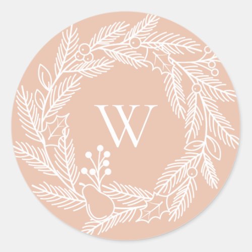 Rustic White Winter Wreath Monogram Blush Classic Round Sticker