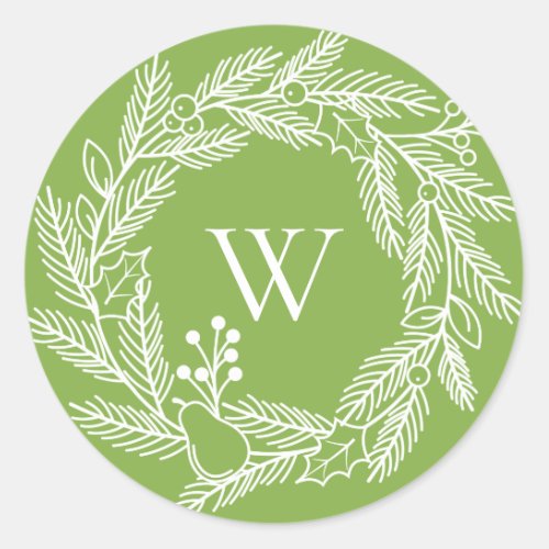 Rustic White Winter Wreath Monogram Green Classic Round Sticker