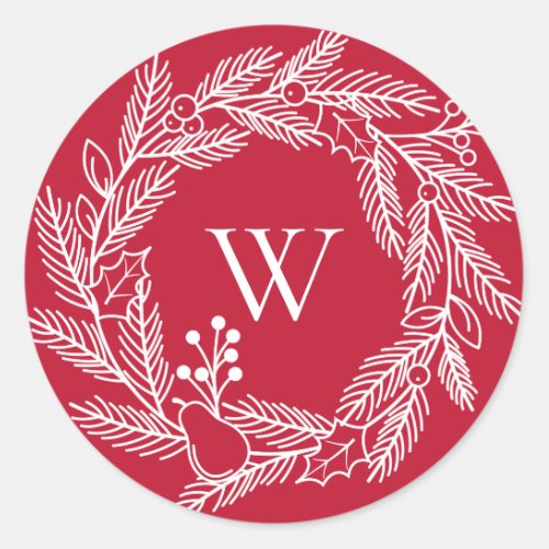 Rustic White Winter Wreath Monogram Red Classic Round Sticker