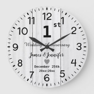Rustic White Wood 1st Wedding Anniversary Custom Large Clock
