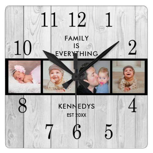 Rustic White Wood 4 Photo Collage Family Quote   Square Wall Clock