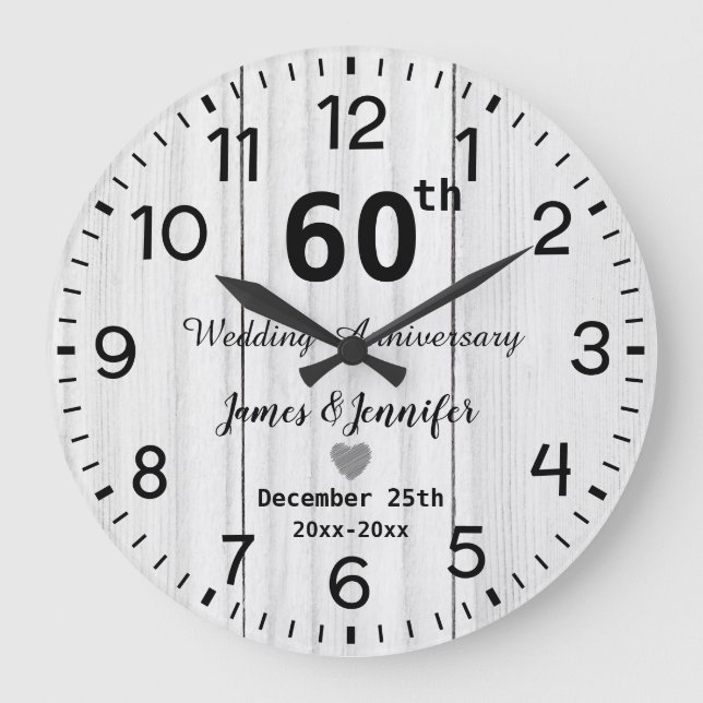 Rustic White Wood 60th Wedding Anniversary Custom Large Clock (Front)