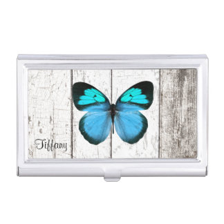 Rustic White Wood and Butterfly Business Card Case
