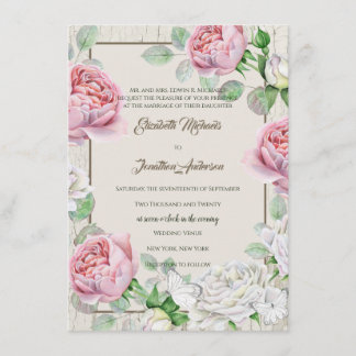 Rustic White Wood and Vintage Pink Roses Wedding Invitation