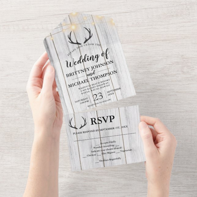 Rustic White Wood Antler String Lights Wedding  All In One Invitation (Tearaway)